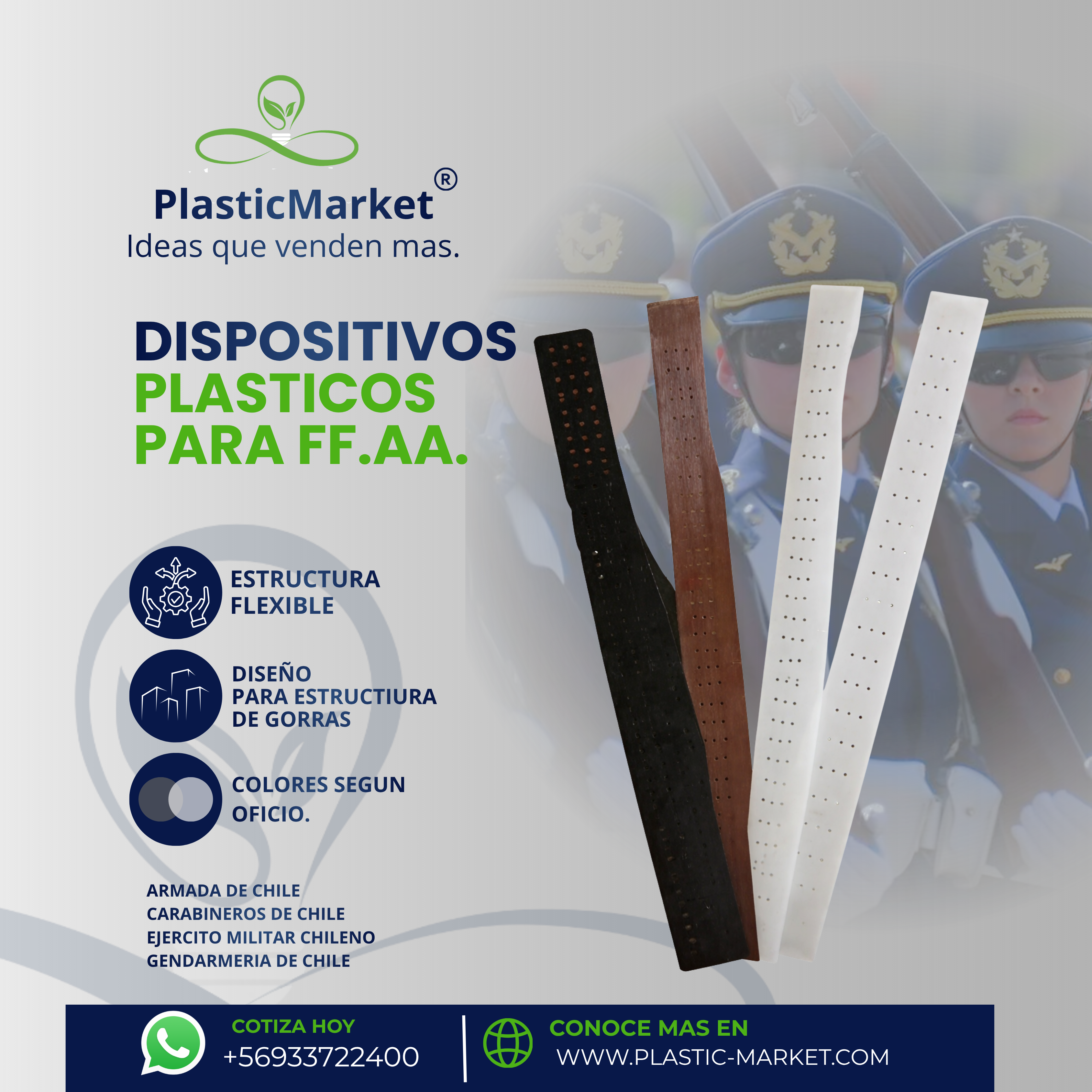 dispositivo plástico técnico para gorras de las Fuerzas Armadas, fabricado a medida