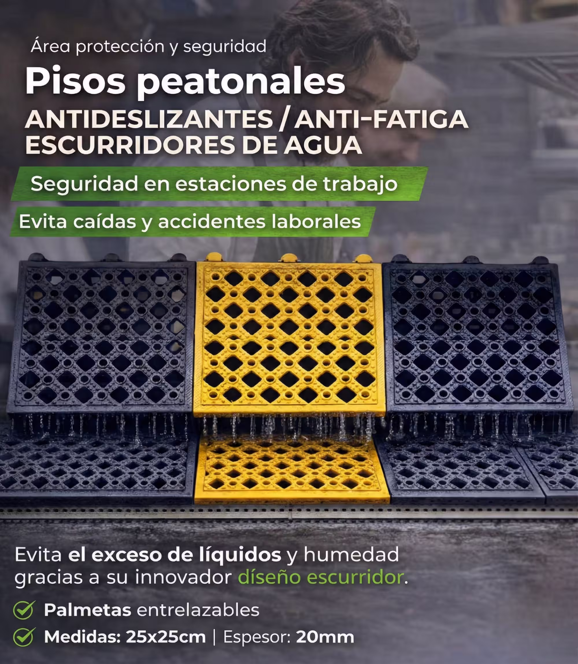 Piso Antideslizante Antifatiga Modular (Negro/Amarillo)